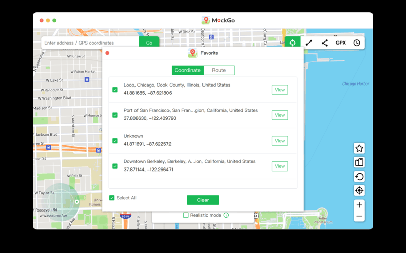 A list of favorite places on Foneazy MockGo