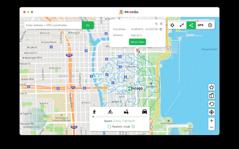 A map with a window of import GPS routes in this ios gps spoofer