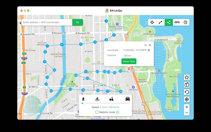 A window of a map with multiple spots on it in Foneazy MockGo