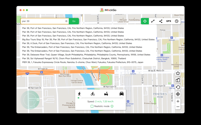 Foneazy MockGo window of a map with search bar in action