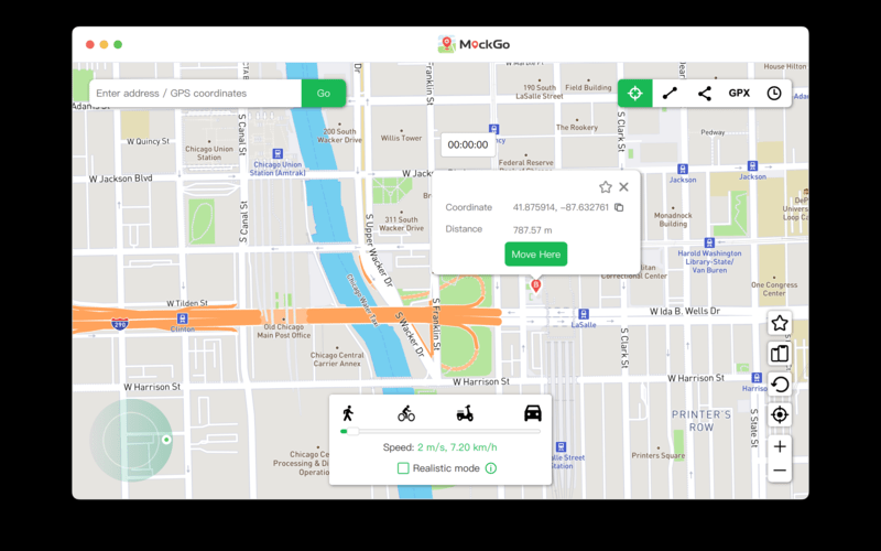 A display of map and teleportation showed from one place to another in this ios gps spoofer