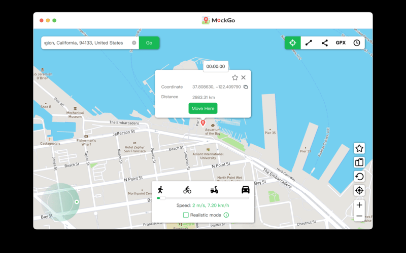 A display of map and teleportation showed from one place to another in this ios gps spoofer