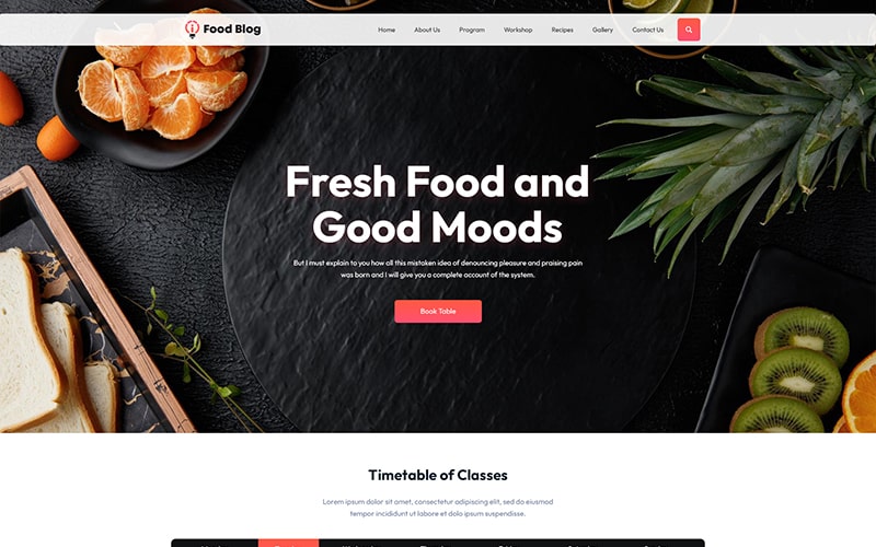 Food blog template used in making food blog related website by website PSD templates