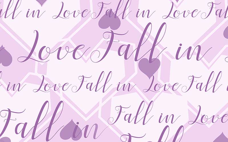 Fall In Love text with purple background and hearts
