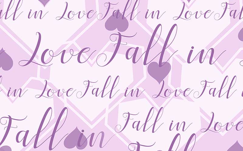 Fall In Love text with purple background and hearts