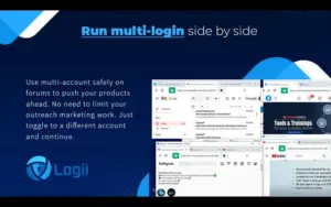 Multiple logins window showing multi-logins and typography on the side - anti detect browser