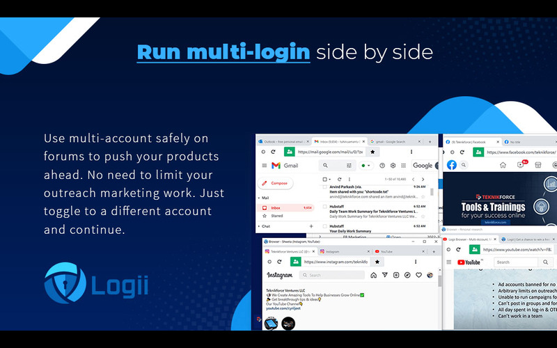 Multiple logins window showing multi-logins and typography on the side - anti detect browser