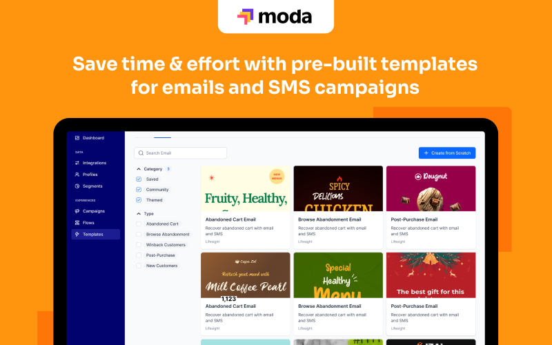 Pre-built templates to send emails and messages campaigns in this customer engagement platform