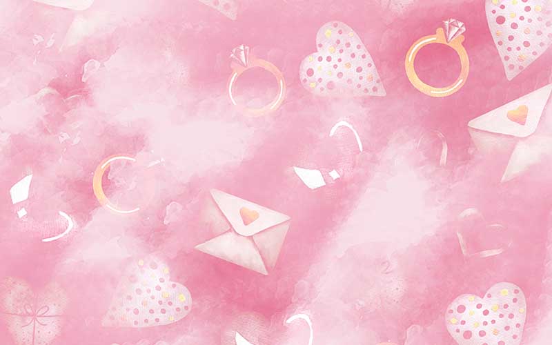 Pink pastel background with hearts, envelopes, and rings for beautiful backgrounds