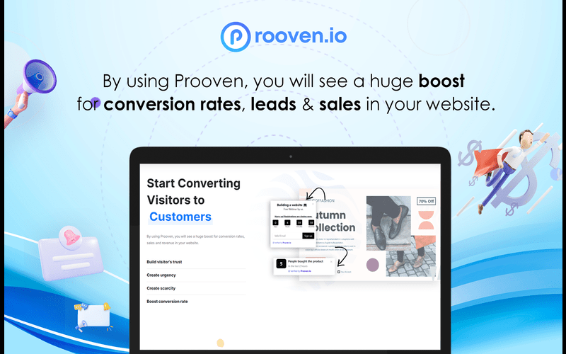 Prooven.io - social proof software with a mockup of laptop and typography about how to increase conversions