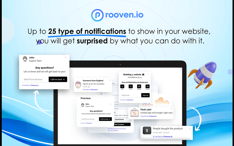 Mockup of laptop and typography about 25+ Social Proof notifications on this Social proof tool