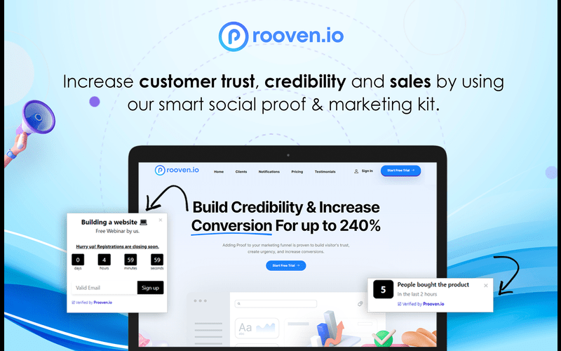 Prooven.io - social proof software window with laptop mockup and typography about customer trust to increase conversions