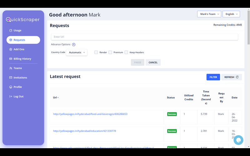 A screenshot of API requests on QuickScraper