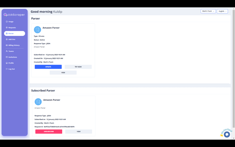 a web scraping tool - A list of Parsers displayed