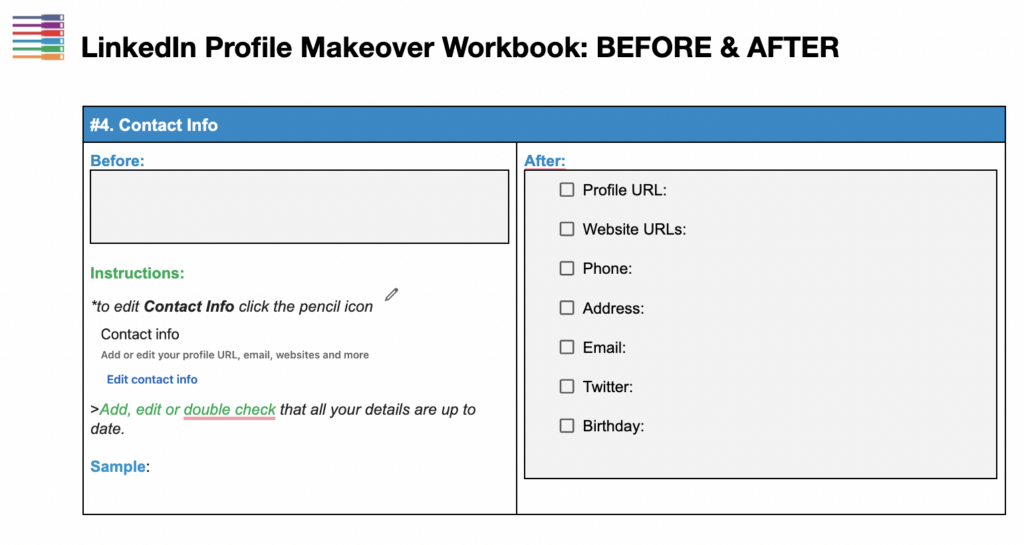 Contact Information Page of LinkedIn Profile Makeover Workbook