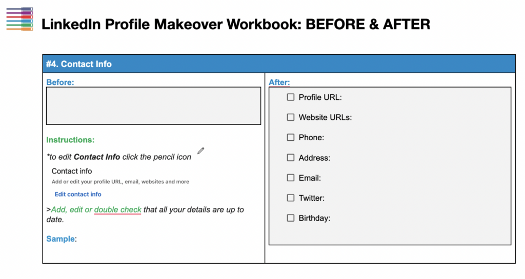 Contact Information Page of LinkedIn Profile Makeover Workbook -linkedin profile template