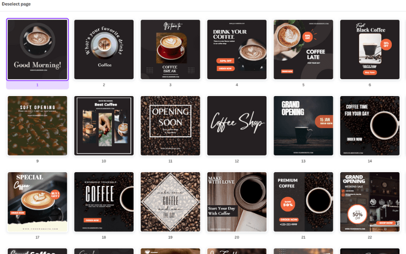 A collage of templates related to coffee in Social Media Templates pack