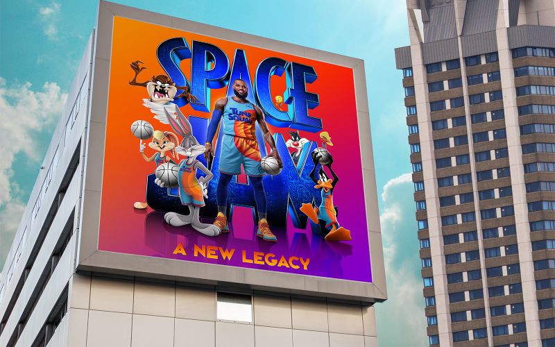 A mockup of a huge board on a building with Space Jam characters