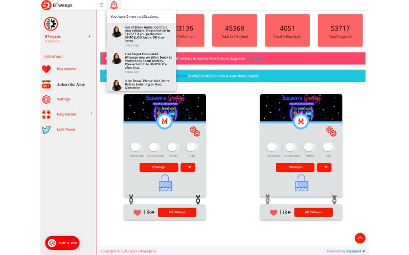Notifications center for BTweeps