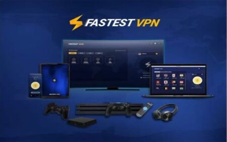 FastestVPN Banner with phone, tablet, desktop, laptop in background - FastestVPN Review