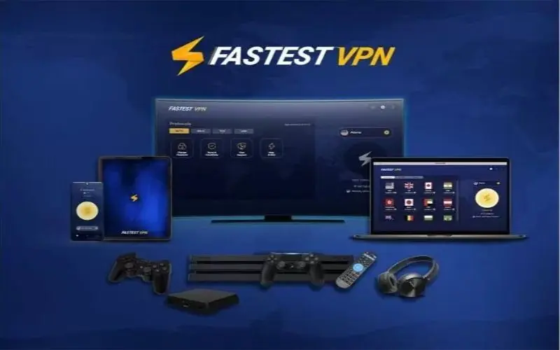 FastestVPN Banner with phone, tablet, desktop, laptop in background - FastestVPN Review
