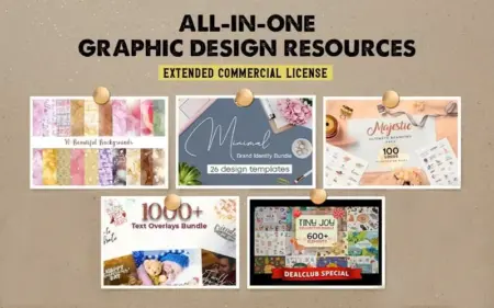 Collage of the graphic design resources bundles included in this graphic design resources bundle