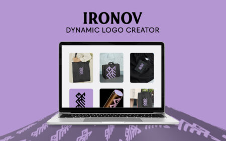 Ironov banner with a mockup of laptop and logo designs in it