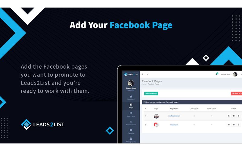 Leads2List feature of adding facebook page