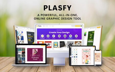 Plasfy Banner with several electronic devices displaying different features