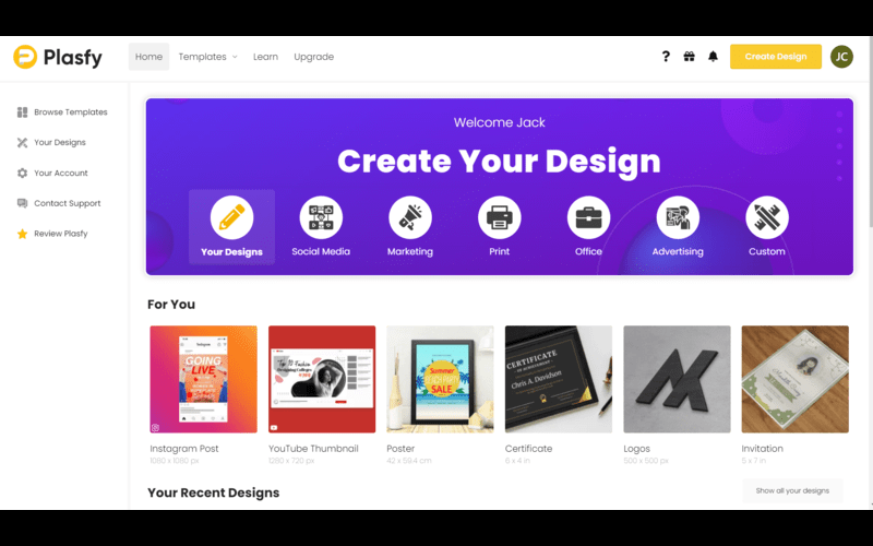 Plasfy - Graphic Design Tool dashboard with several options in it