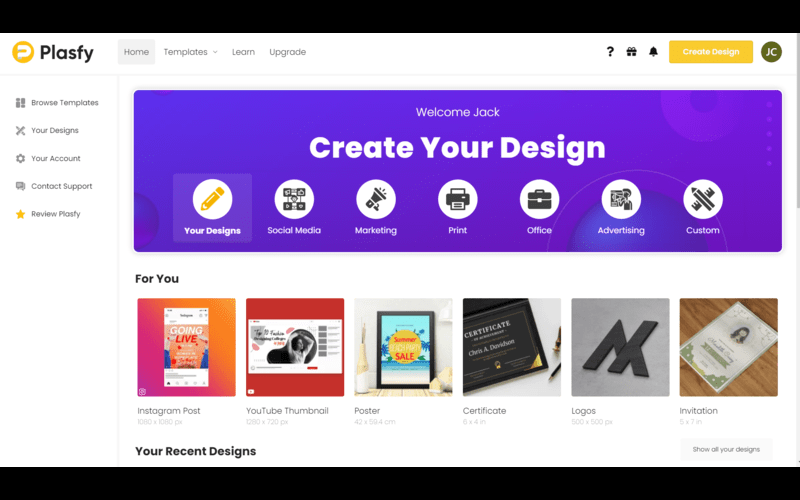 Plasfy - Graphic Design Software dashboard with several options in it. plasfy lifetime deal. plasfy review