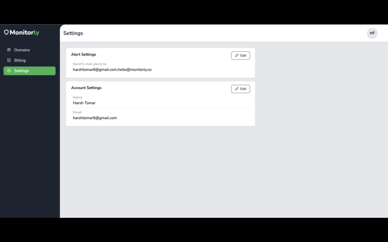 Monitorly - SSL Certificate Tracking - Settings user interface