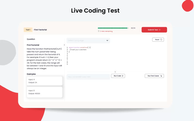 This image displays the live coding test