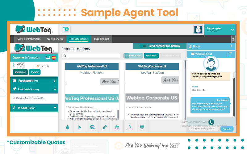 Sample agent tool window in Webtoq - sales productivity tools