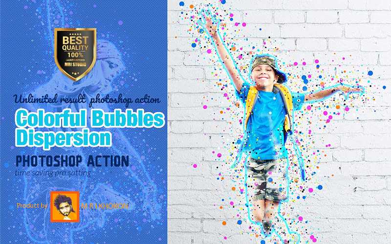 A school going kid dancing with his yellow colored school bag on a white color brick wall background, colorful bubbles dispersion Photoshop Action added.