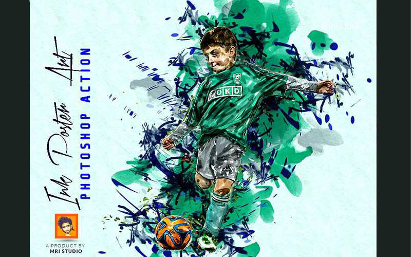 A kid wearing a green color football jersey as he is kicking the football, an ink poster Photoshop Actions added.