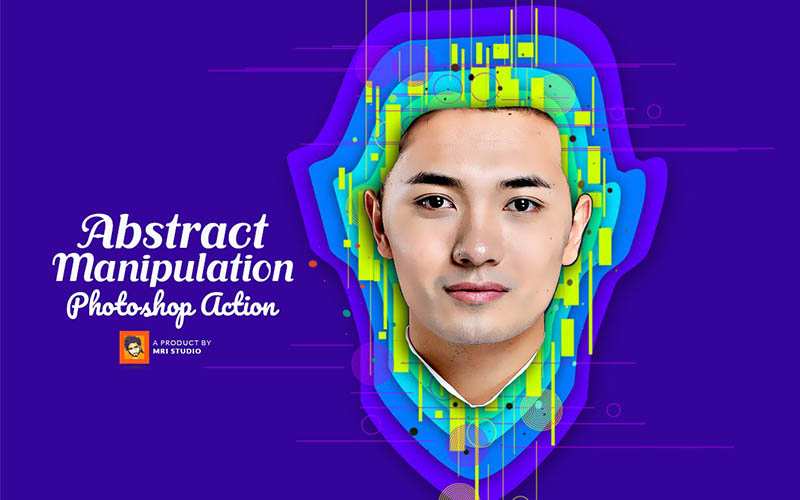 An Asian man's face is shown, an abstract manipulation Photoshop Actions Added.