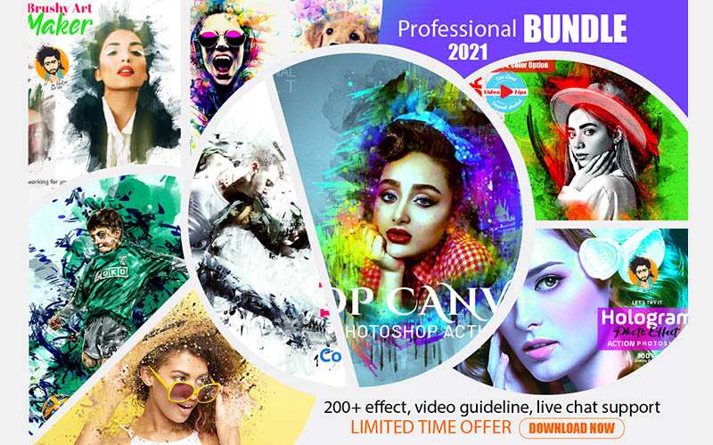 A collage of 15+ different Professional Photoshop Action Bundle products along with 200+ effects of the same.