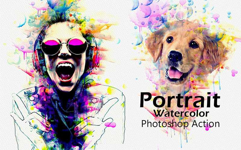 Dynamic watercolor Photoshop Action added to a collage of a golden retriever and a woman wearing a headphones.