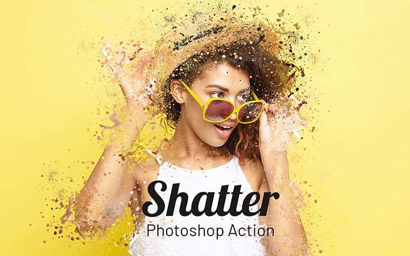 A girl wearing white tang top with a brown color hat and yellow color sunglasses, shatter effect of Photoshop Actions Bundle effect has been added.