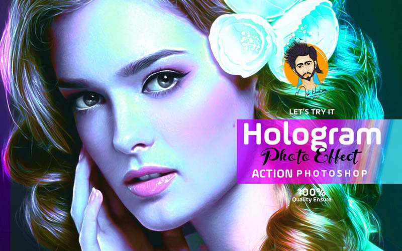 A stunning woman wearing a headphone, Hologram Photoshop Actions effect added.