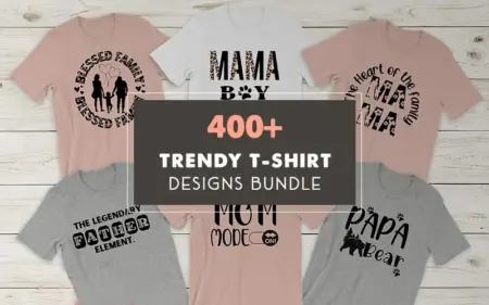 A Featured Image which has 6 T-shirts imprinted with 6 different quotes and a banner in the center which says, '400 + Trendy T-shirt Design Bundle' which is provided with an extended license.