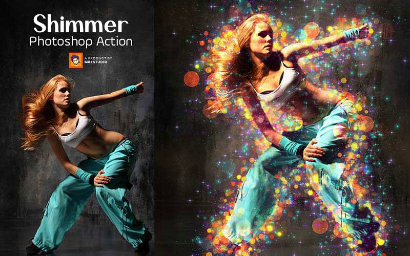 A blonde woman wearing a green joggers and a white top dancing on a song, shimmer Photoshop Actions Bundle has been added.