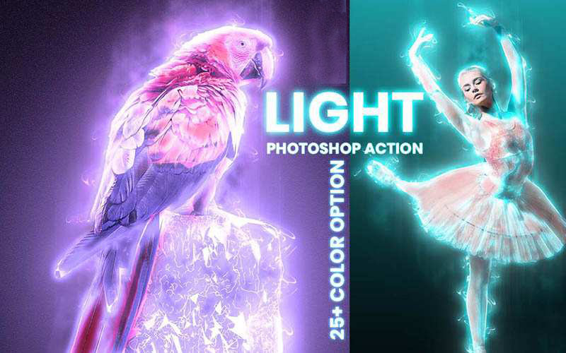 A collage of 2 photos, a kingfisher and a girl doing the ballet dance, Light Photoshop Actions has been added.