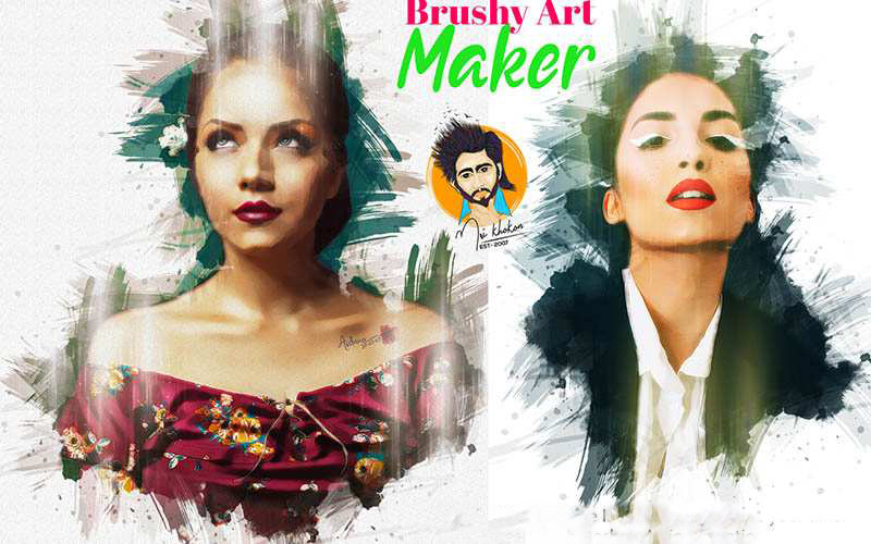 A collage of 2 photos, on the left side a girl wearing a red dress and on the right side a girl wearing a black blazer and a white collared shirt, a brushy art maker Photoshop Actions effect added.