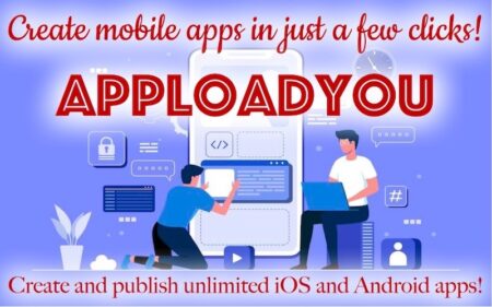 A cover image of the AppLoadYou which shows two individuals designing an app over a big mobile phone screen.