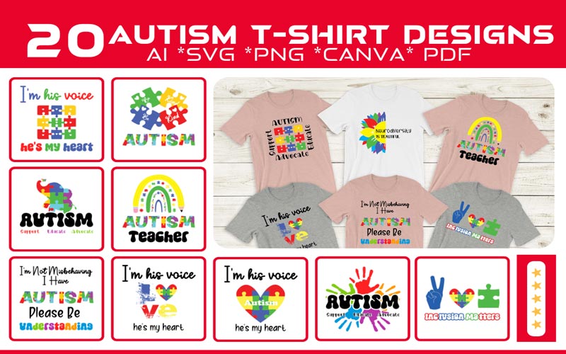 A collage of 10 images that exhibits the Autism design print on T-shirts, in different fonts of Trendy T-shirt Design Bundle.