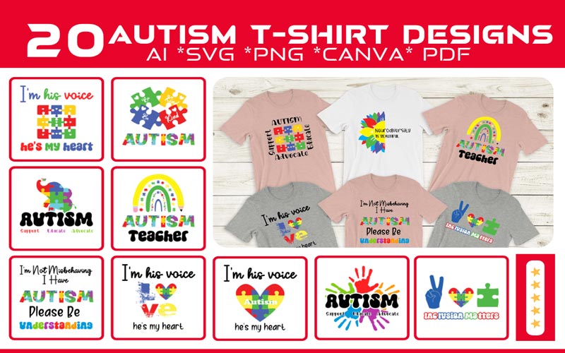 A collage of 10 images that exhibits the Autism design print on T-shirts, in different fonts of Trendy T-shirt Print Design Bundle.