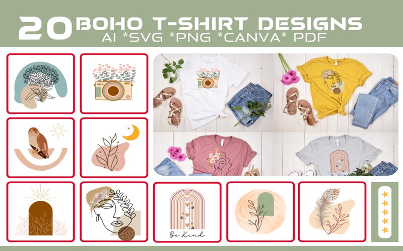 A collage of 10 images that exhibits the Boho design, Boho culture and Boho artifacts of Trendy T-shirt Design Bundle.