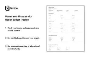 Budget tracker template is shown on the right hand side of the image and on the left hand side, text is present -finance template notion